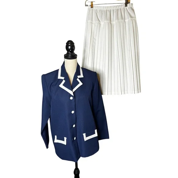 Nancy II Vintage Navy Blue White Pleated Skirt Suit Set Nautical Preppy 10P - Picture 1 of 14